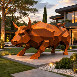 Statue d'un taureau en acier, sculpture d'un taureau en métal fabriquée par Cyril Maire