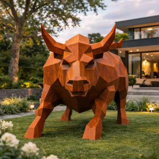 Statue d'un taureau en acier, sculpture d'un taureau en métal fabriquée par Cyril Maire
