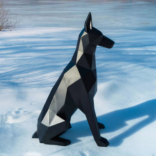Sculpture, statue d'un Doberman en acier peint en noir